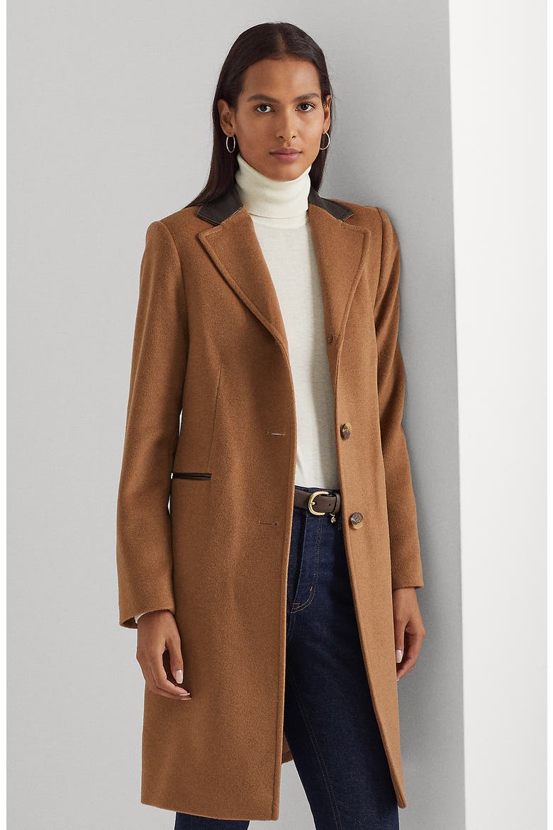 Faux Leather Trim Wool Blend Coat, Alternate, color, NEW VICUNA