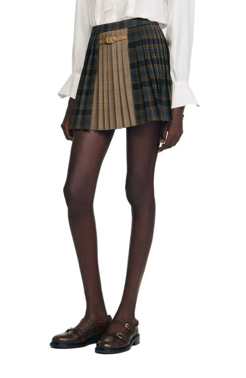 Sandro Check Pattern Pleated Mini Shirt In Brown