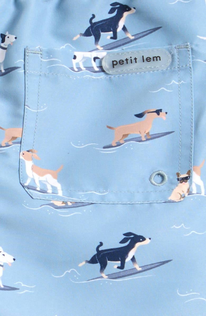Petit Lem Kids' Surfing Pups Print Swim Trunks, Alternate, color, Blue