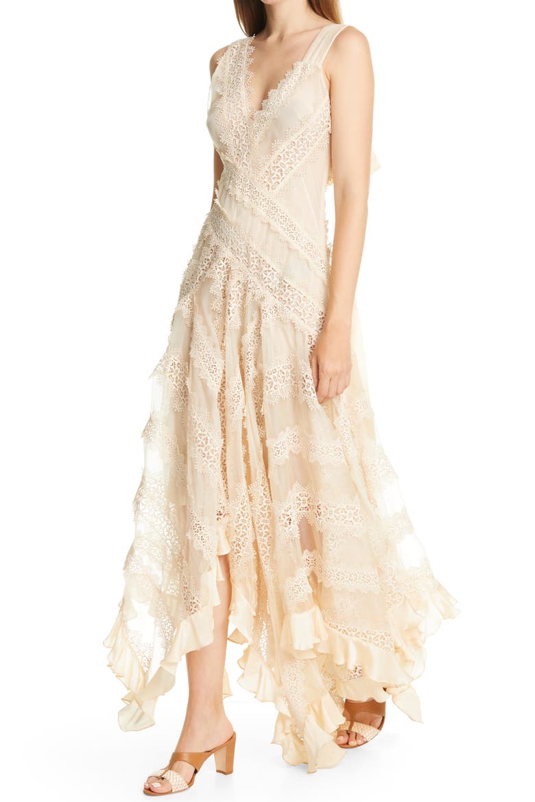 Charm Star Lace & Ruffle Trim Silk Dress, Alternate, color, CREAM