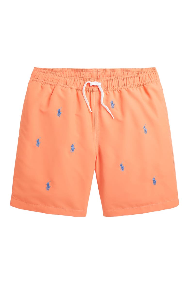 Kids' Traveler Embroidered Pony Recycled Polyester Swim Trunks, Main, color, POPPY