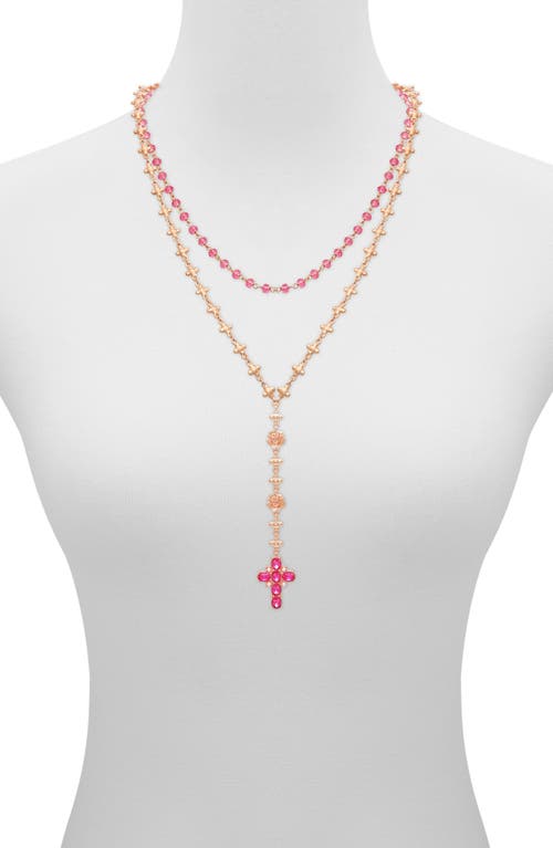 Guess Crystal Cross Charm Layered Necklace In Pink