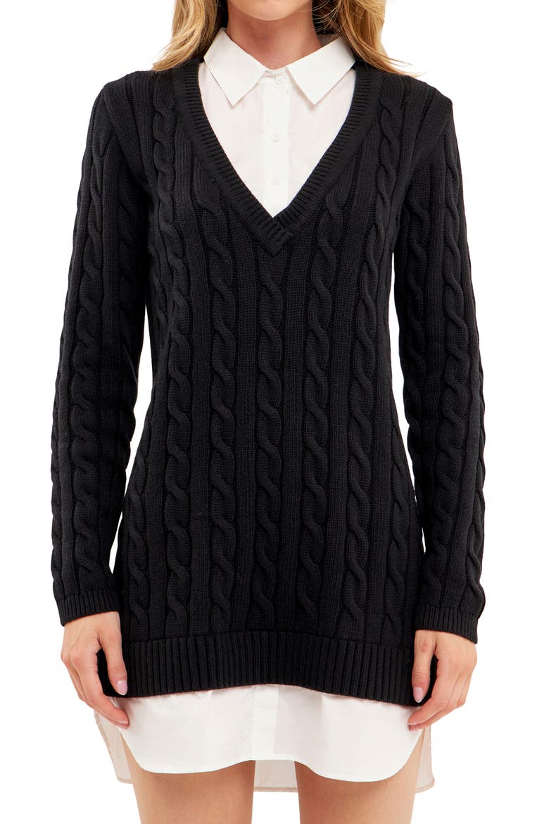 Mixed Media Cable Stitch Long Sleeve Sweater Dress, Alternate, color, BLACK