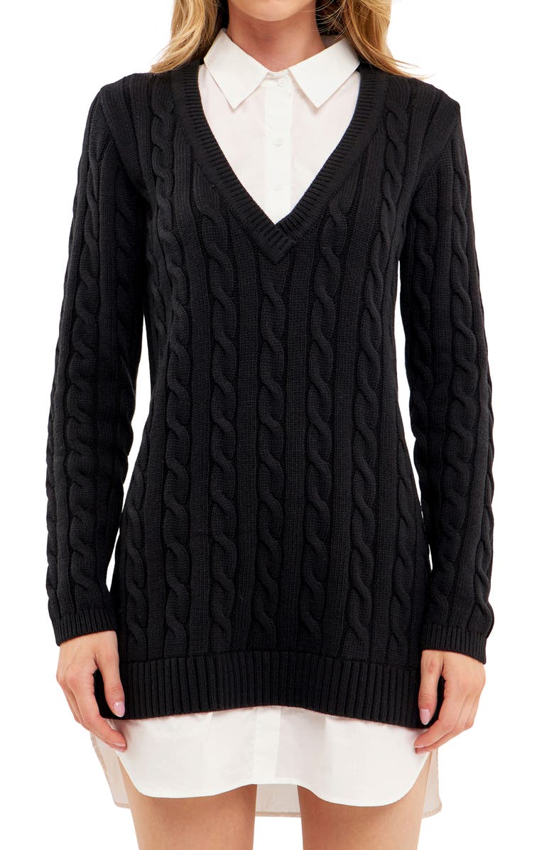 English Factory Mixed Media Cable Stitch Long Sleeve Sweater Dress, Alternate, color, Black