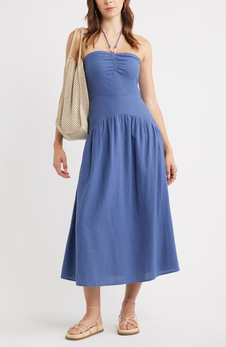 Treasure & Bond Halter Neck Drop Waist Linen Blend Maxi Dress, Main, color, Blue Indigo