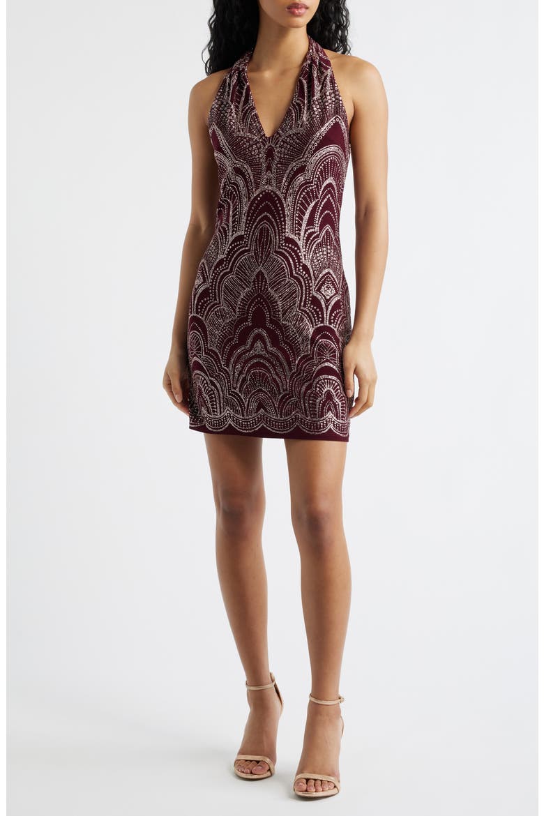 Glitter Slinky Halter Cocktail Minidress, Main, color, WINE/ GOLD