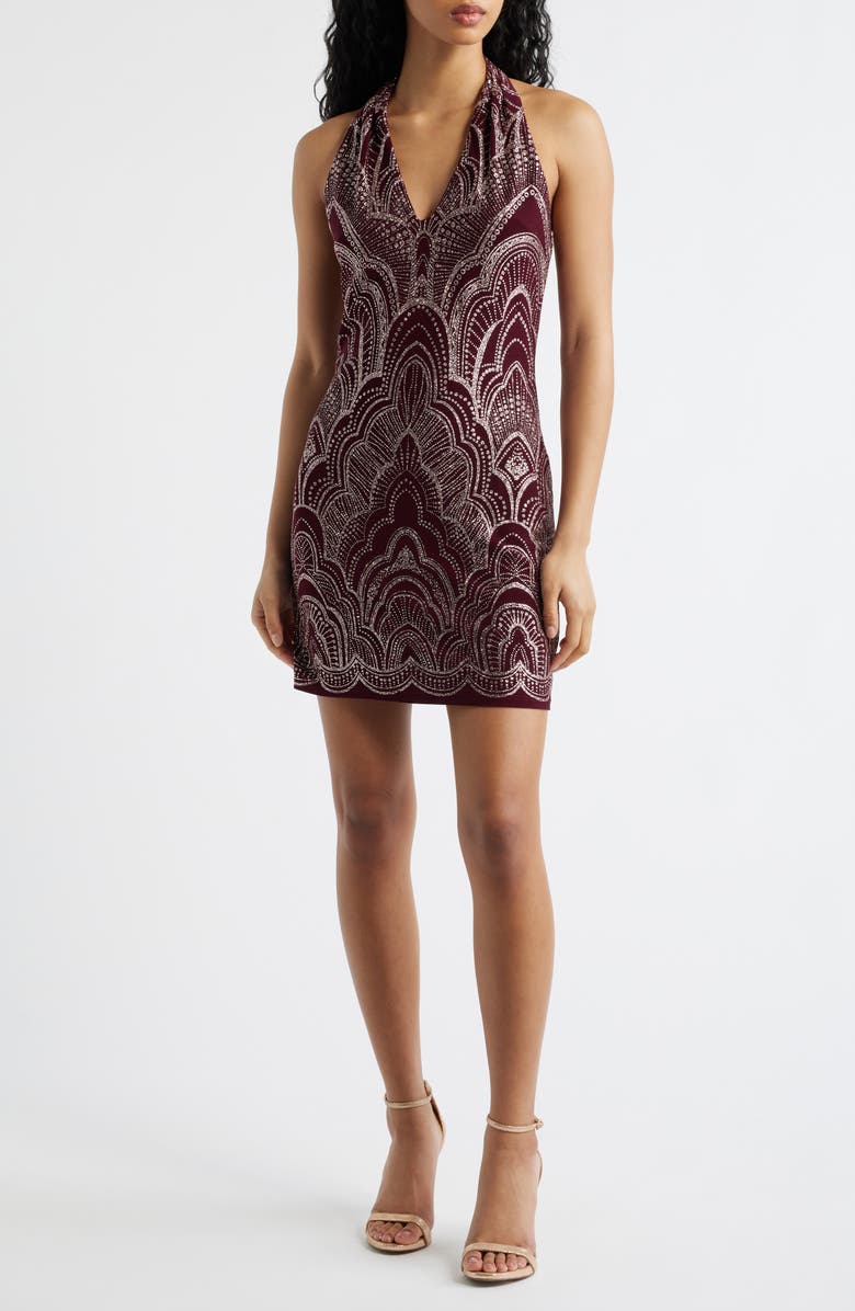 Jump Apparel Glitter Slinky Halter Cocktail Minidress, Main, color, Wine/ Gold
