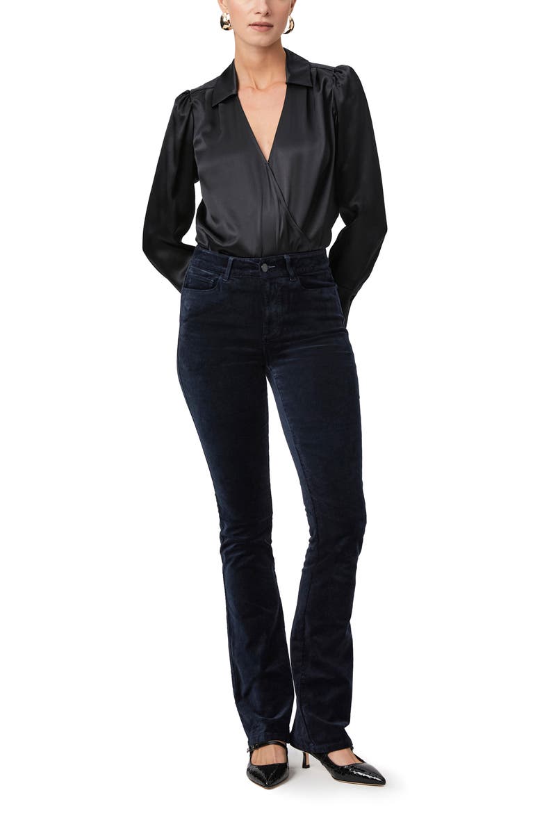 Nyla Long Sleeve Silk Satin Bodysuit, Alternate, color, BLACK