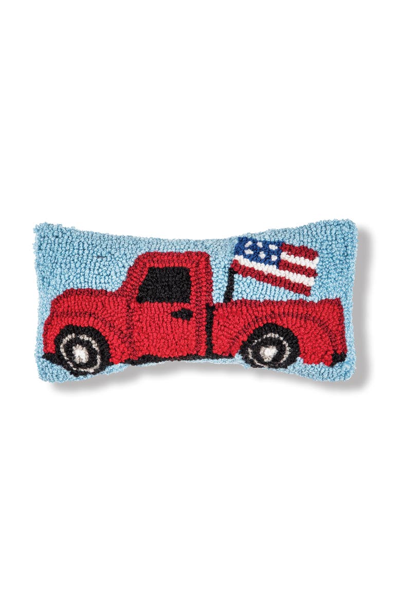 Patriotic Retro Red Pickup Truck w/ Waving American Flag Hooked Mini Accent Pillow, 6" x 12", Main, color, Red
