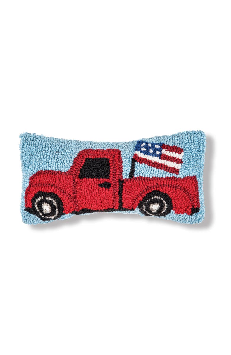 C&F Home Patriotic Retro Red Pickup Truck w/ Waving American Flag Hooked Mini Accent Pillow, 6" x 12", Main, color, Red