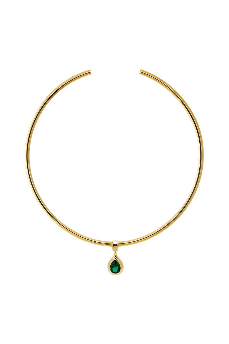 Colored CZ Pear Bezel / Solid Tube Open Collar Pendant Necklace, Main, color, Emerald Green