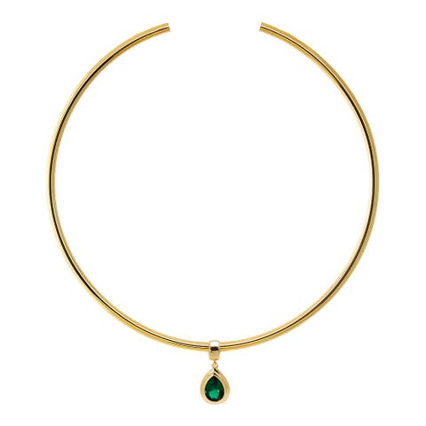 Colored CZ Pear Bezel / Solid Tube Open Collar Pendant Necklace