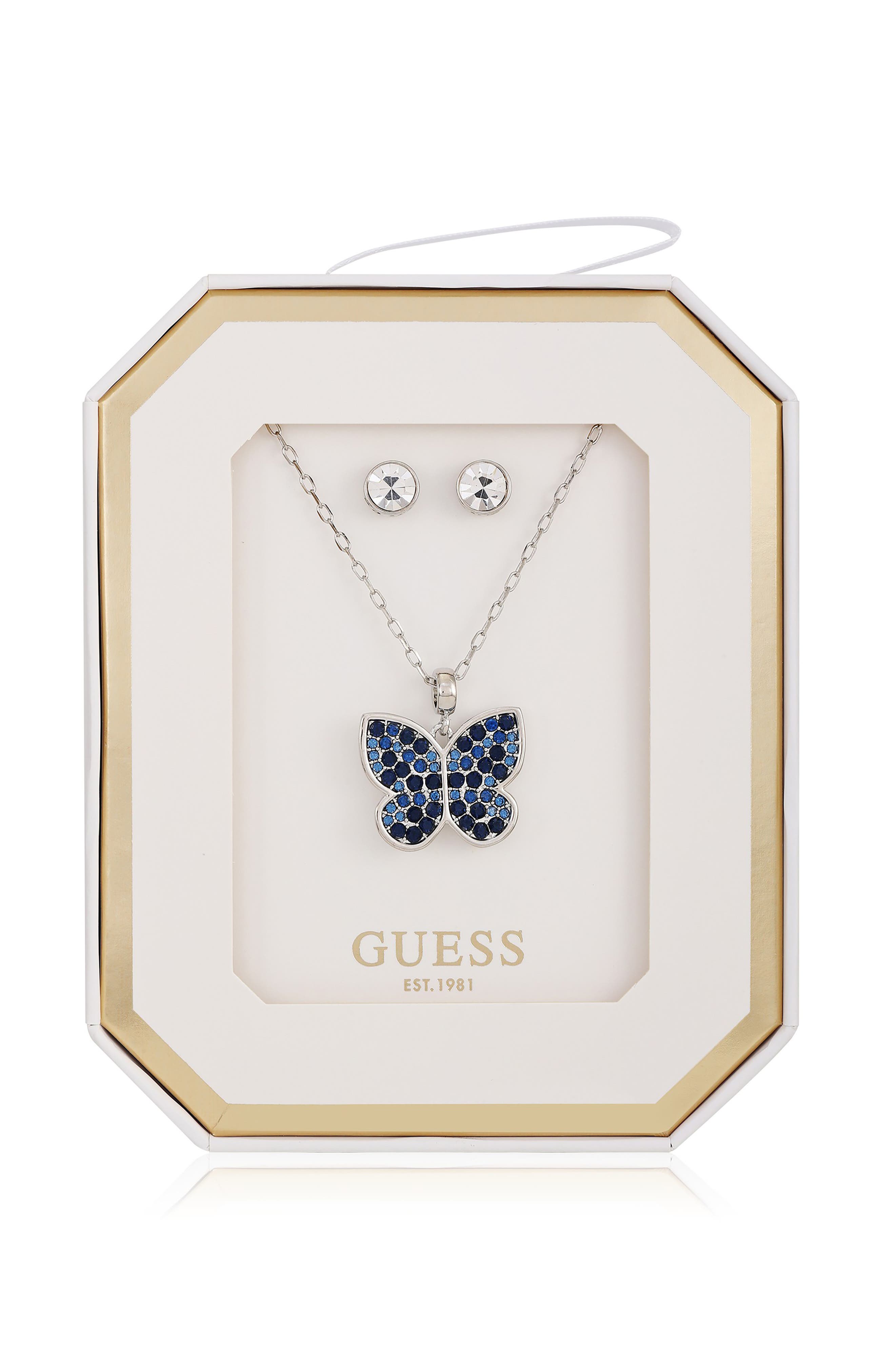 GUESS Butterfly Pendant Necklace & Stud Earrings Set