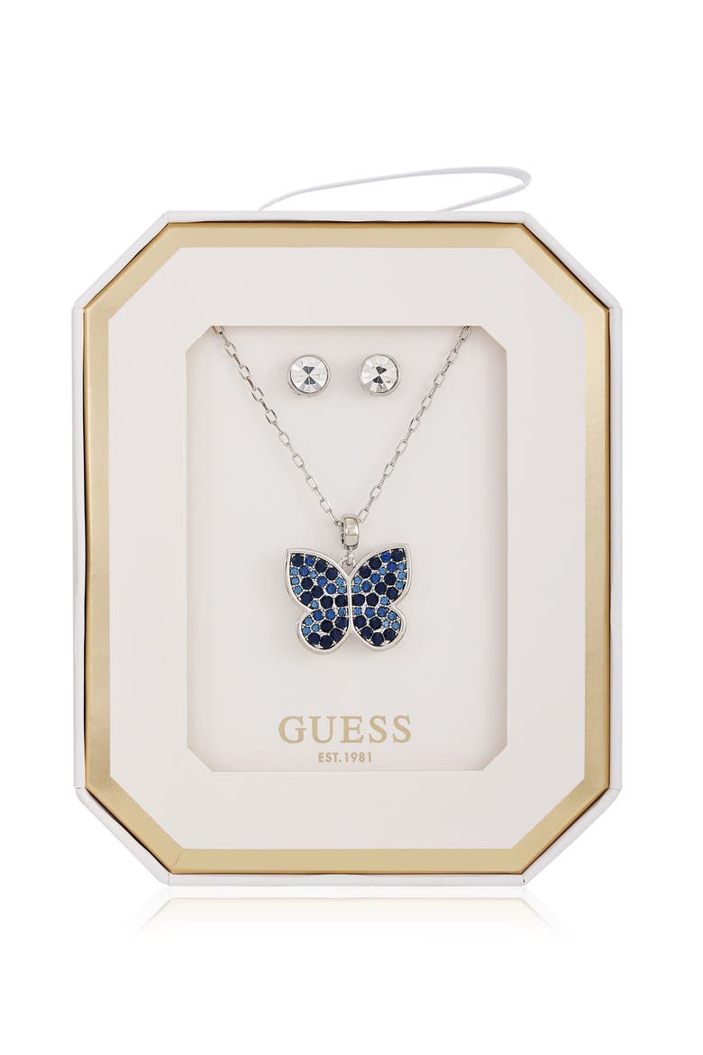 Butterfly Pendant Necklace & Stud Earrings Set, Main, color, SILVER/BLUE