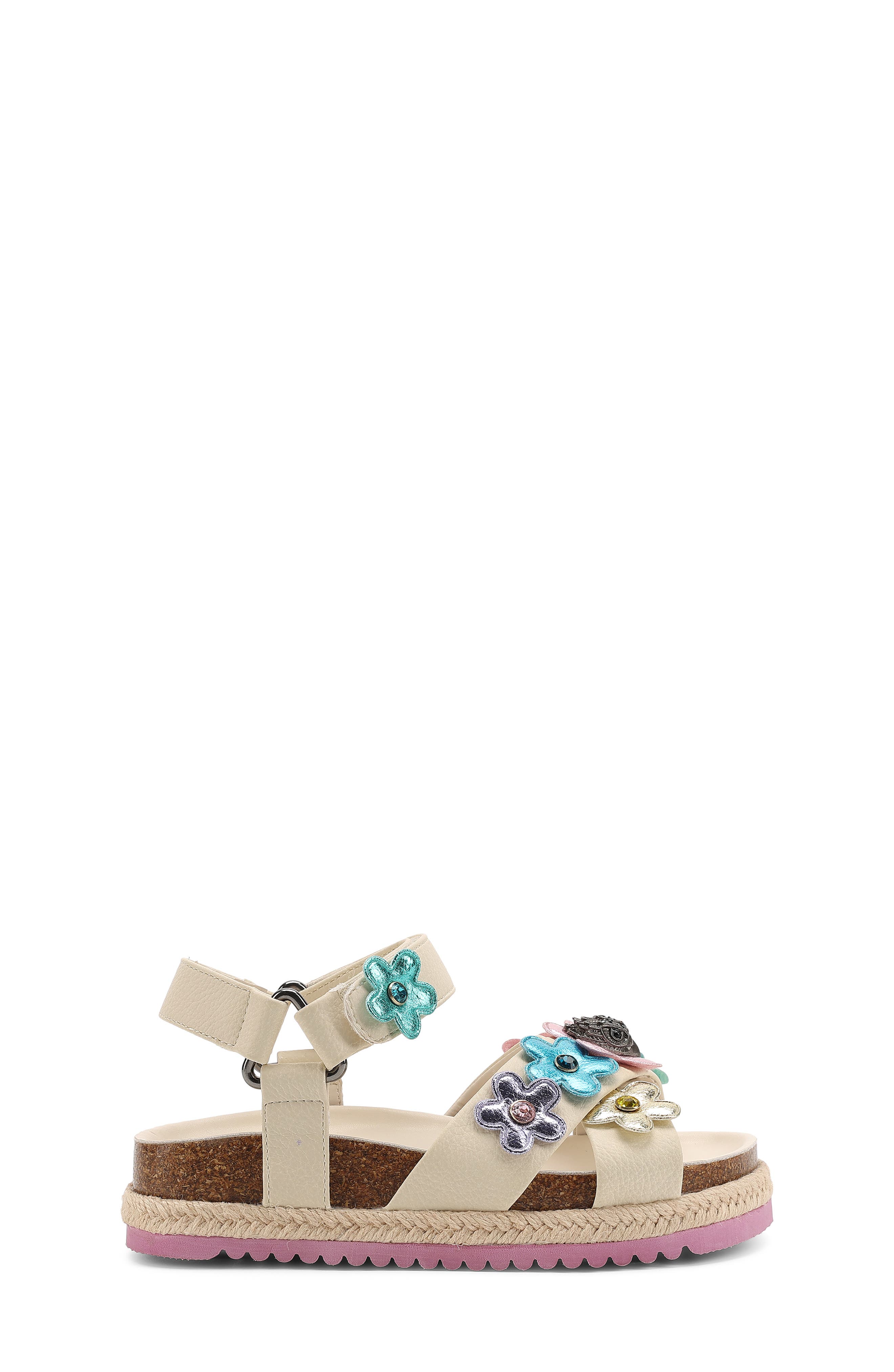 Kurt Geiger London Kids' Mini Kensington Flower Espadrille Ankle Strap Platform Sandal, Alternate, color, Bone Multi