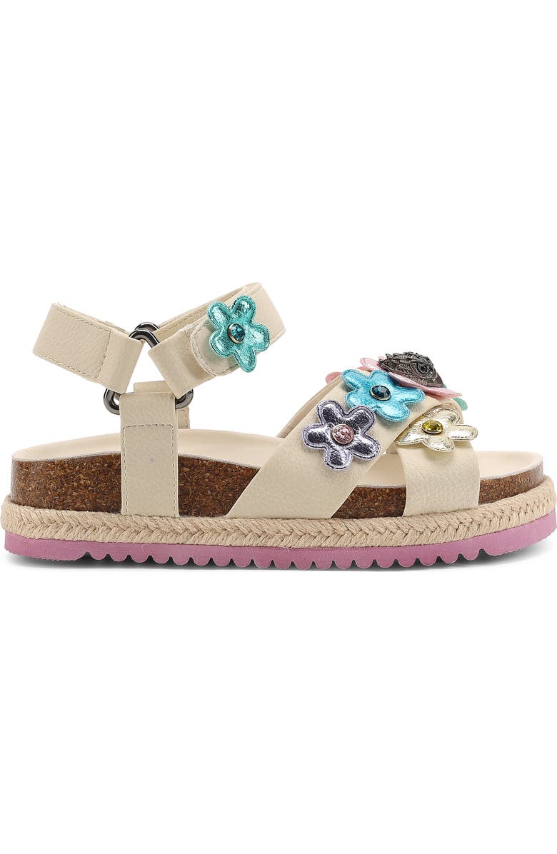 Kurt Geiger London Kids' Mini Kensington Flower Espadrille Ankle Strap Platform Sandal, Alternate, color, Bone Multi