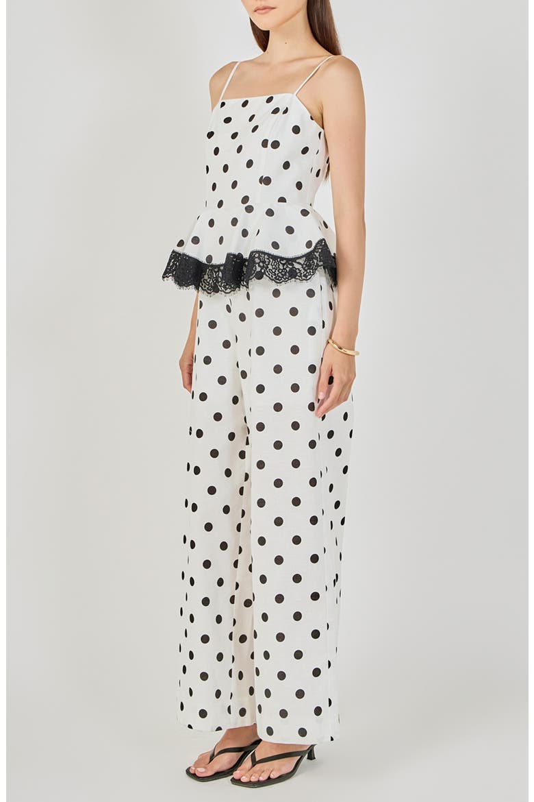 Polka Dot Peplum Jumpsuit, Alternate, color, WHITE/ BLACK