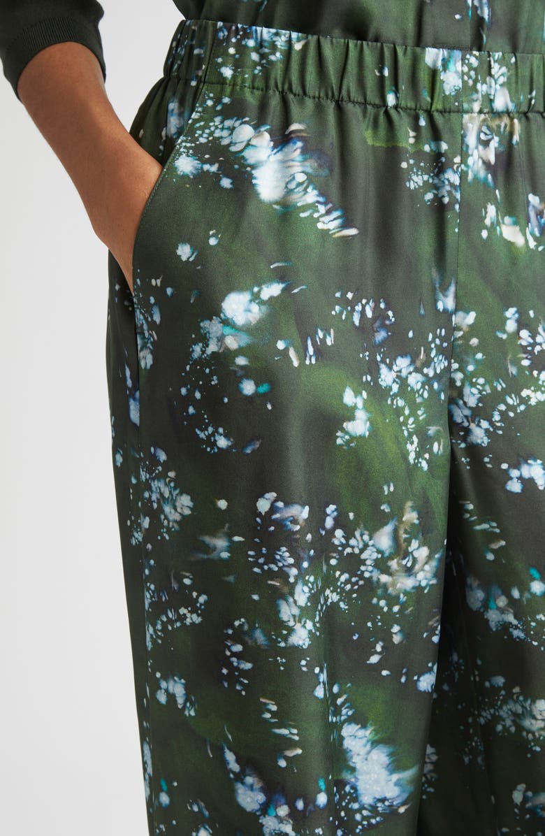 Lafayette 148 New York Riverside Splattered Glaze Print Silk Twill Wide Leg Pants, Alternate, color, Moss Multi