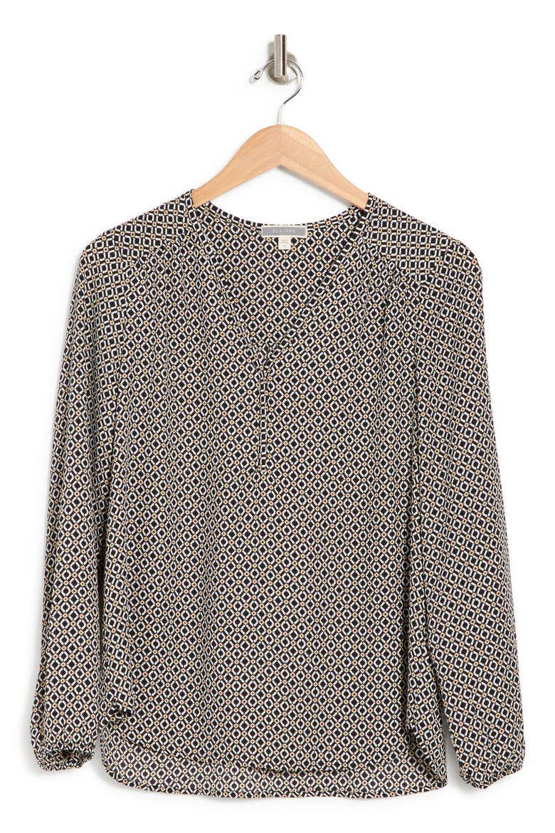 Floral V-Neck Shirred Long Sleeve Top, Alternate, color, BLACK WHITE TAUPE SQ CHAIN GEO