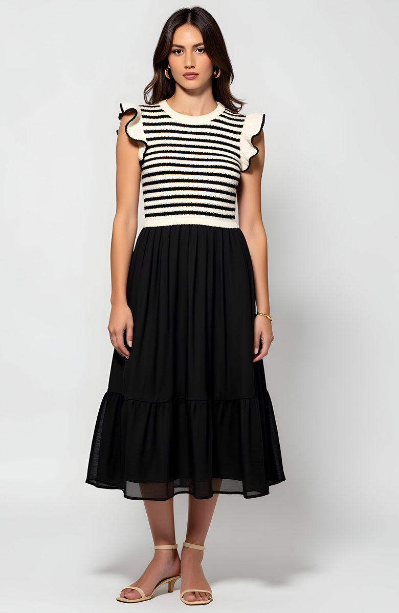 Modenaire Striped Knit Bodice Dress with Ruffle Sleeves and Tiered Skirt, Main, color, 