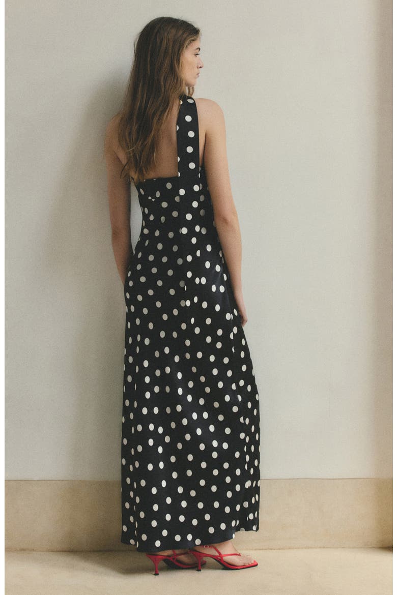 Polka Dot Strapless Midi Dress with Scarf Detail, Alternate, color, BLACK