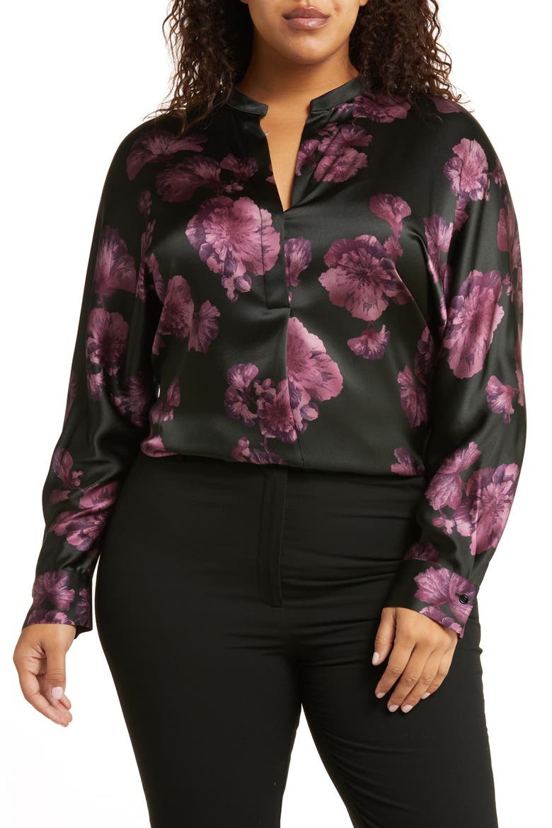 Begonia Print Silk Popover Top, Main, color, BLACK/ WINE