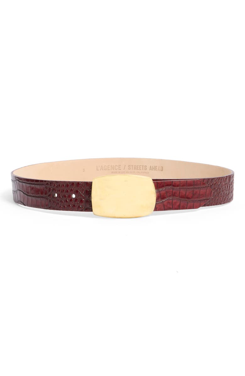 L'AGENCE Milou Domed Buckle Croc Embossed Patent Leather Belt, Main, color, Burgundy Croc Embossed