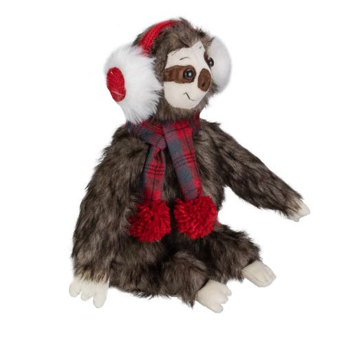 Northlight Plush Sitting Winter Sloth With Plaid And Pom Pom Scarf Christmas Figure In Brown