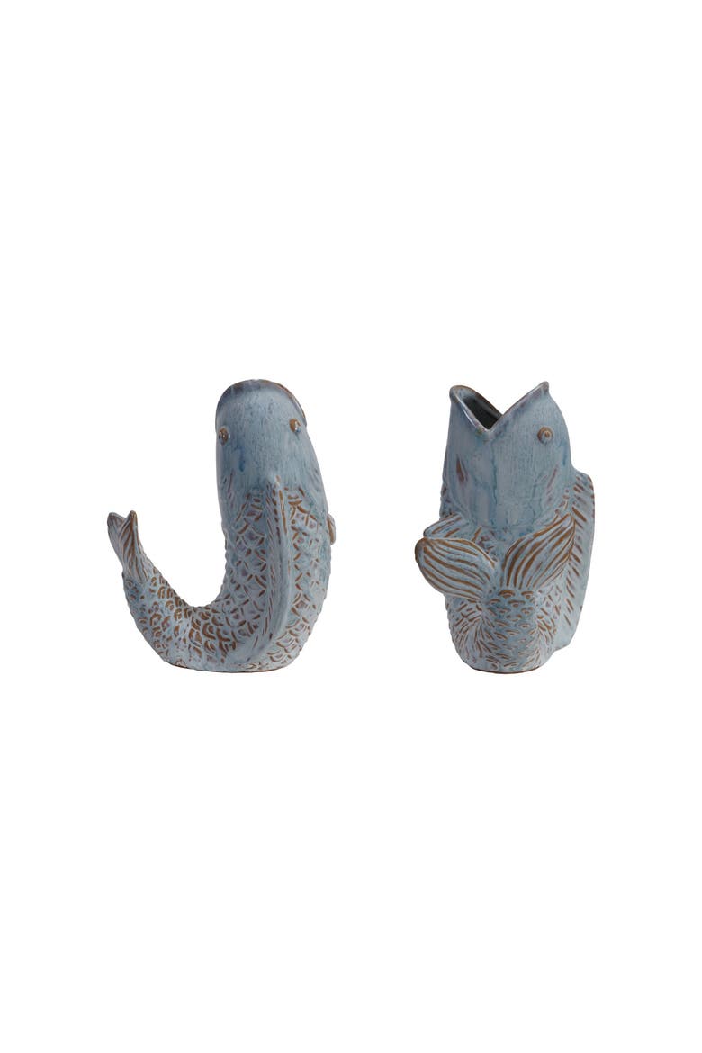 Stoneware Fish Shaped Vase with Reactive Glaze, Blue, Main, color, Blue