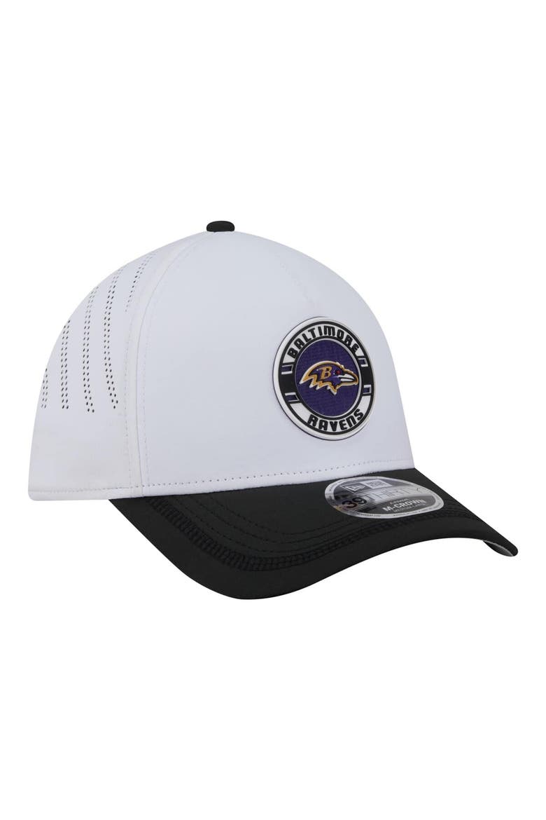 Men's New Era White/Black Baltimore Ravens Patch 39THIRTY A-Frame M-Crown Perforated Flex Hat, Alternate, color, White
