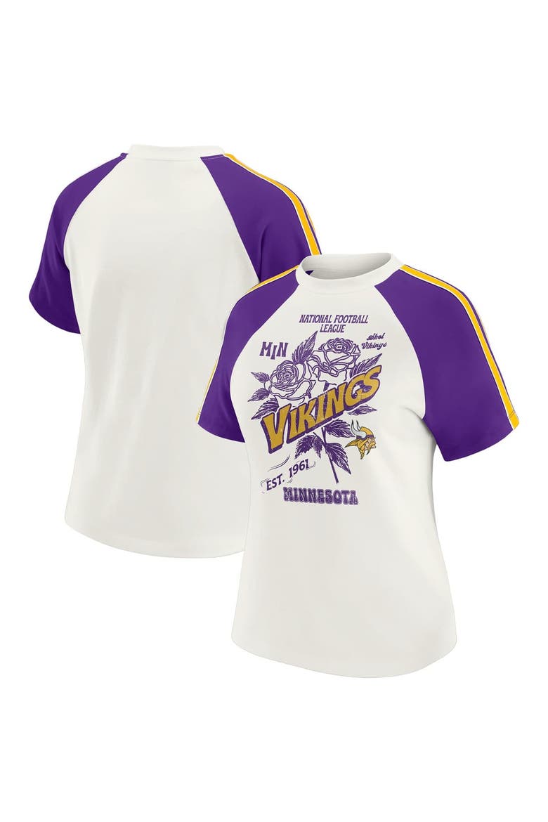 Women's WEAR by Erin Andrews White Minnesota Vikings Sleeve Stripe Distressed Raglan T-Shirt, Main, color, White
