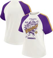 WEAR by Erin Andrews Women's WEAR by Erin Andrews White Minnesota Vikings Sleeve Stripe Distressed Raglan T-Shirt