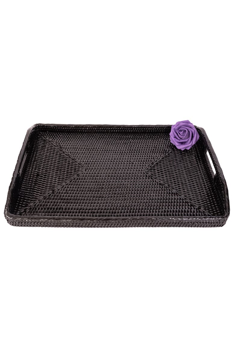 Rectangular Rattan Serving Tray with High Handles, Alternate, color, Tudor Black