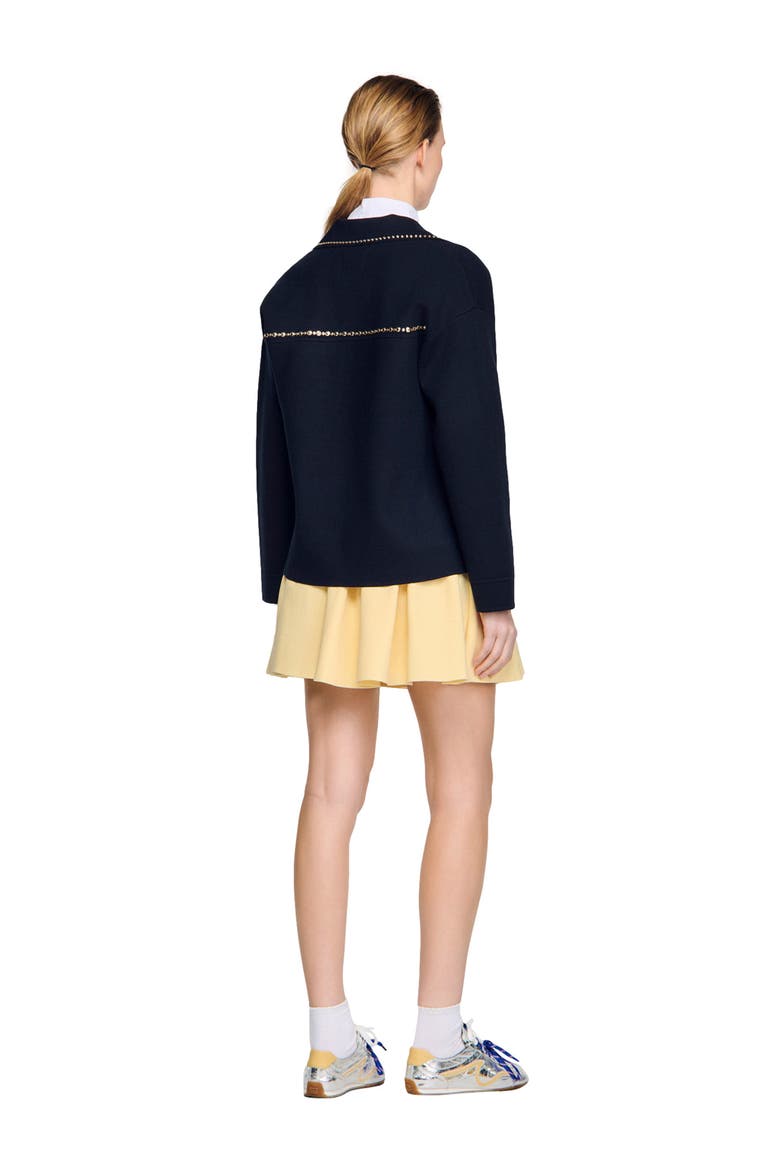 Studded blazer collar cardigan, Alternate, color, Navy blue