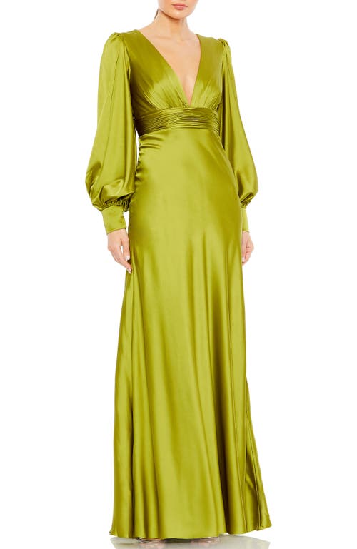 Mac Duggal Charmeuse Bishop Sleeve V Neck Gown In Apple Green