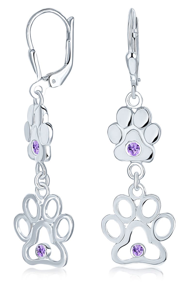 Pet Lover Sterling Silver CZ Paw Print Double Drop Earrings, Alternate, color, PURPLE