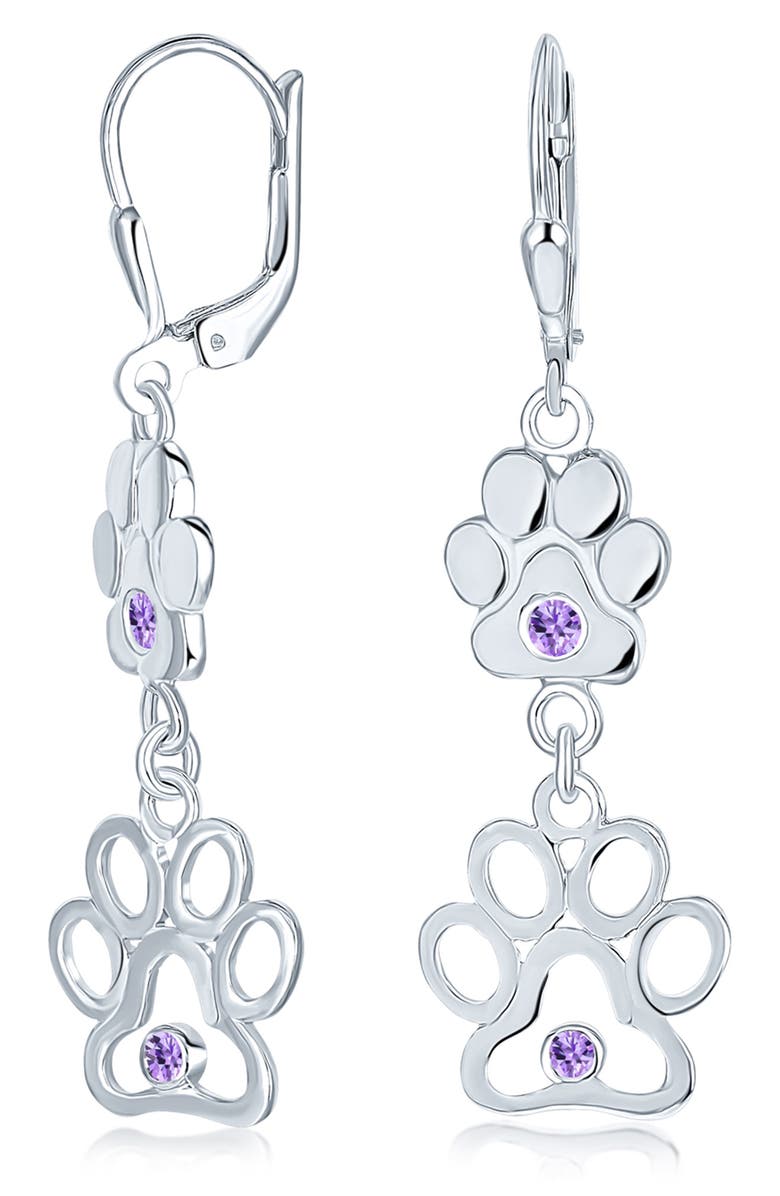 BLING JEWELRY Pet Lover Sterling Silver CZ Paw Print Double Drop Earrings, Alternate, color, Purple