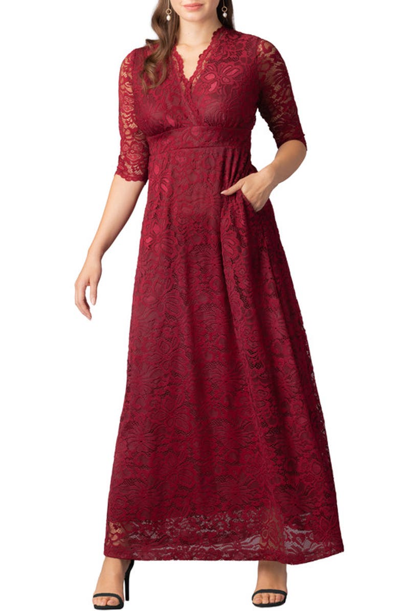Kiyonna Maria Lace A-Line Evening Gown with Pockets, Main, color, Pinot Noir