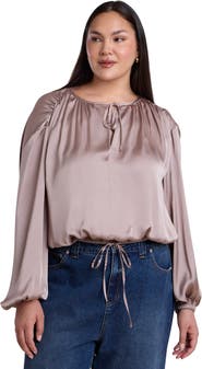 ELOQUII Satin Drawstring Peasant Blouse