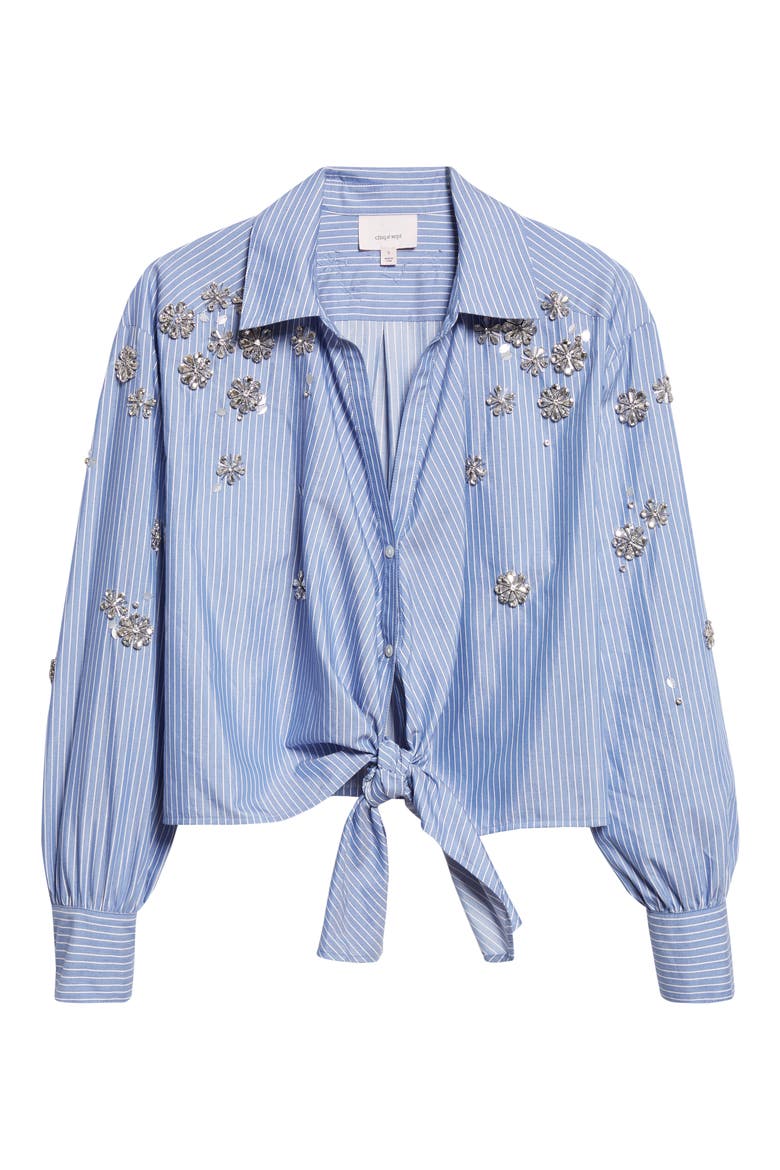Lola Stripe Rhinestone Embellished Tie Front Button-Up Shirt, Alternate, color, BLUE MULTI