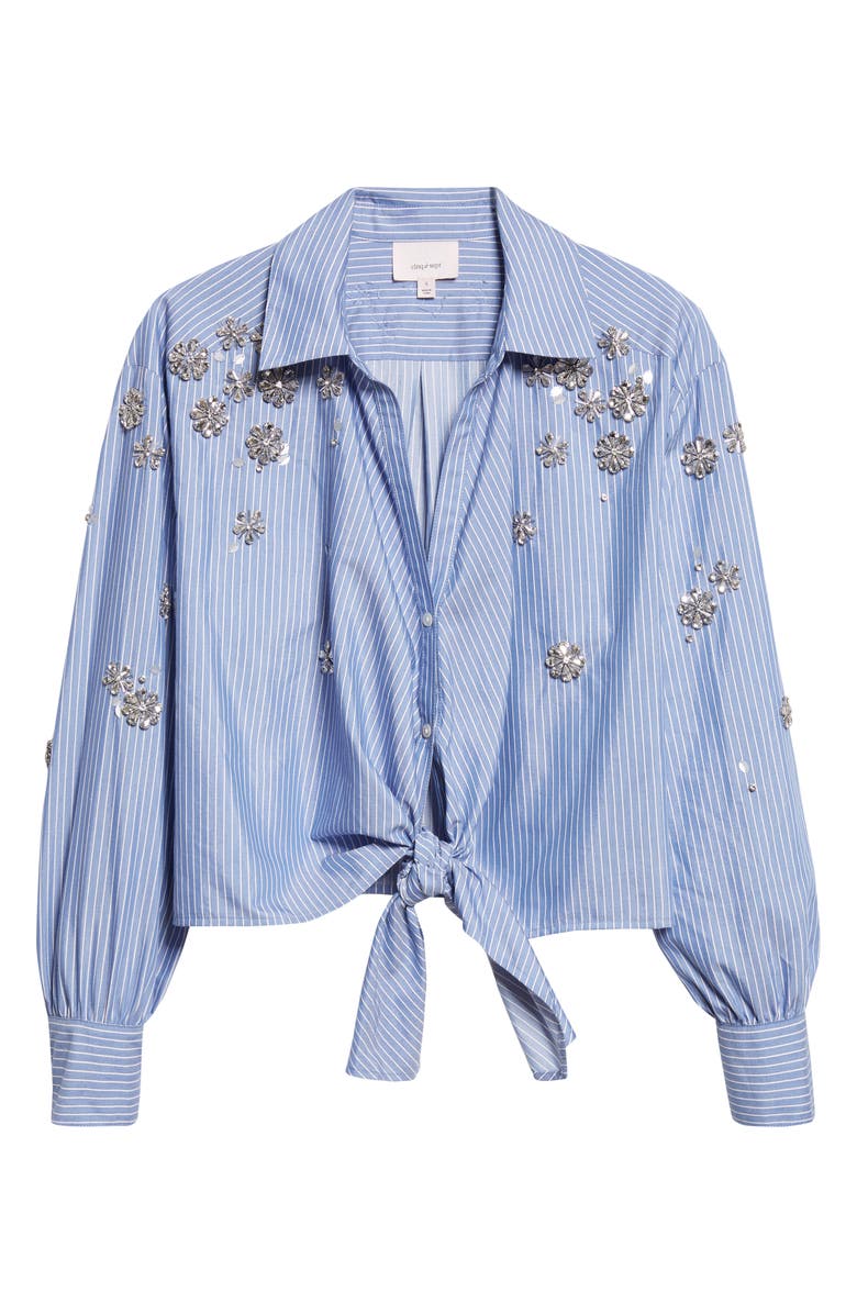 Cinq à Sept Lola Stripe Rhinestone Embellished Tie Front Button-Up Shirt, Alternate, color, Blue Multi