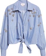Cinq à Sept Lola Stripe Rhinestone Embellished Tie Front Button-Up Shirt