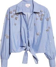 Cinq à Sept Lola Stripe Rhinestone Embellished Tie Front Button-Up Shirt