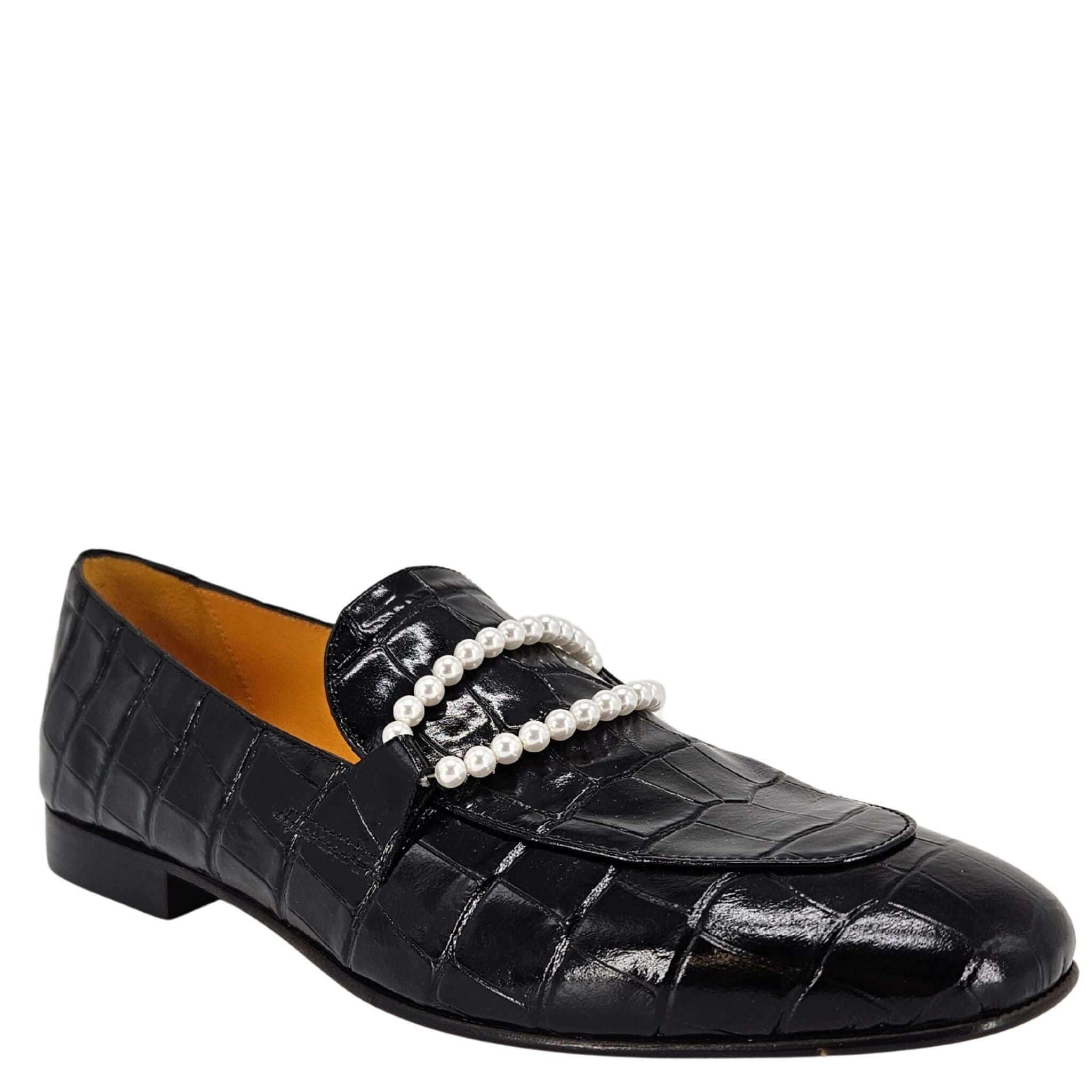 Madison Maison Leather Croc Embossed Pearl Flat Loafer, Alternate, color, Black