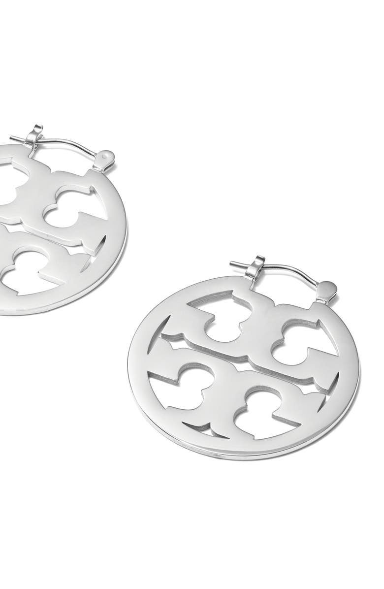 Tory Burch Small Icon Hoop Earrings, Alternate, color, Tory Silver