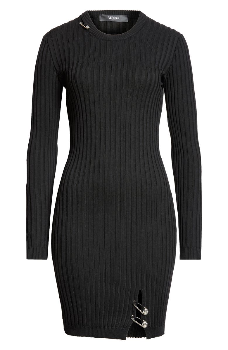 Versace Safety Pin Detail Virgin Wool Blend Rib Sweater Dress, Alternate, color, 