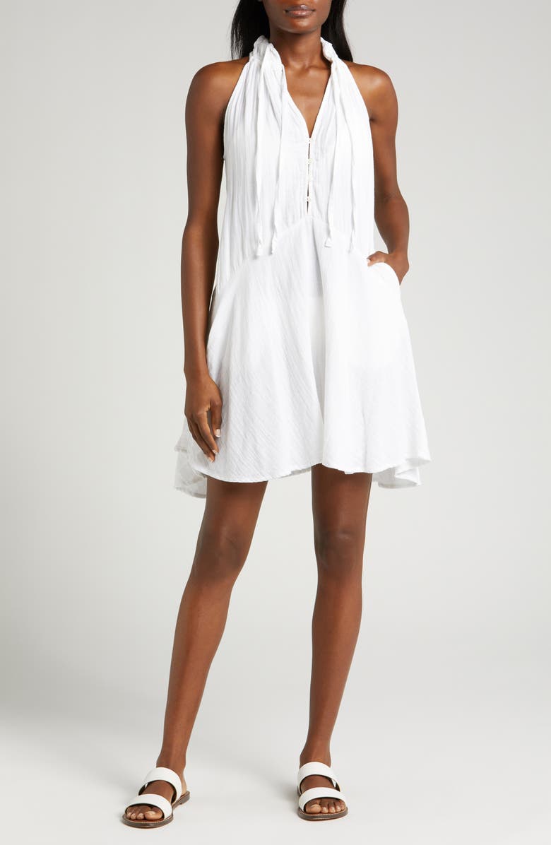 Elan Button Front Cotton Cover-Up Minidress, Main, color, White