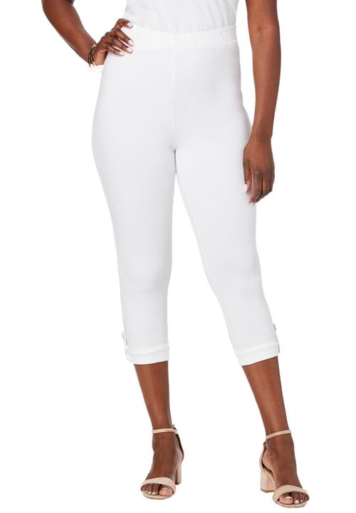 Jessica London Stretch Cotton Cuff-button Capri Legging In White