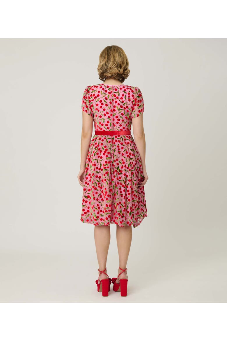 Short Petal Sleeve Tie Neck Dahlia Swing Dress, Alternate, color, Pink W/ Cherries