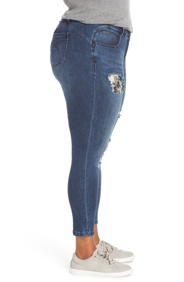 YSJ Floral Patch Ankle Skinny Jeans, Alternate, color, 